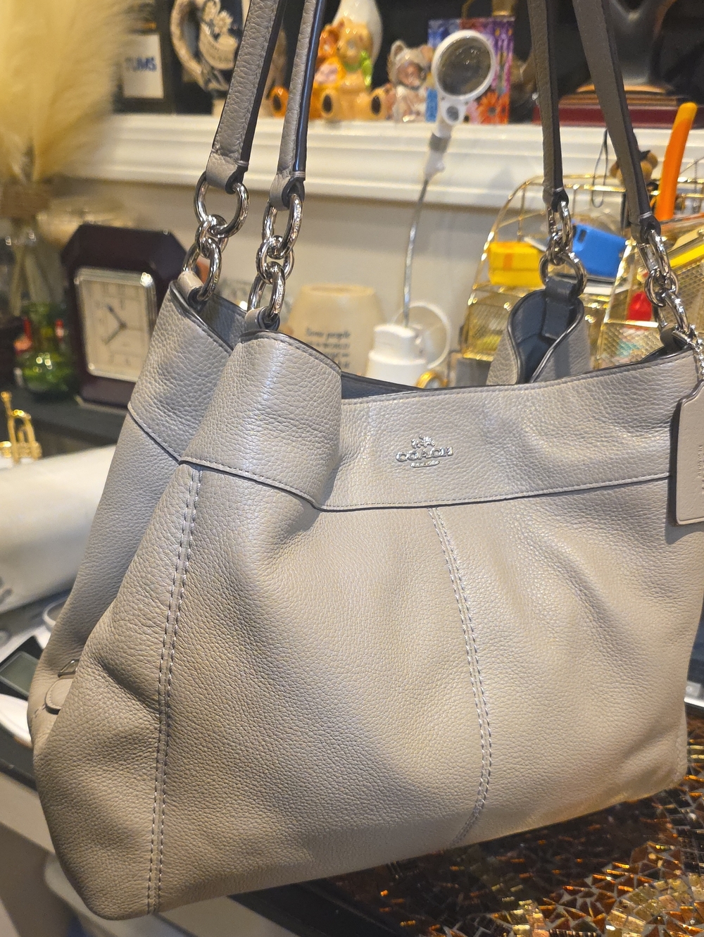 Coach Pebbled Leather Shoulder Bag in Light Gray